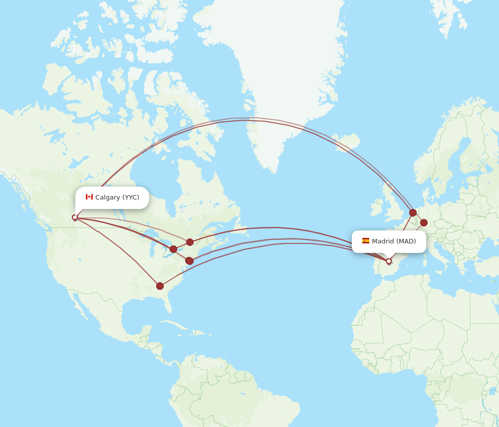 Calgary - Madrid route map and flight paths