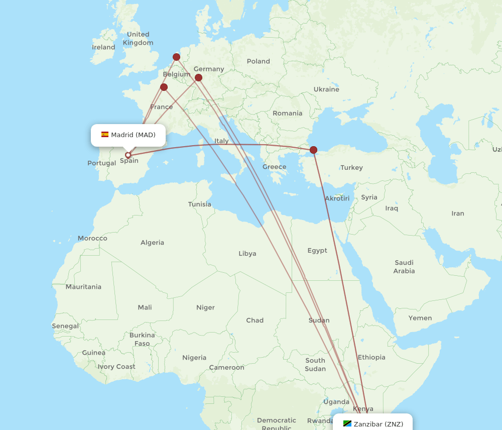 Zanzibar - Madrid route map and flight paths