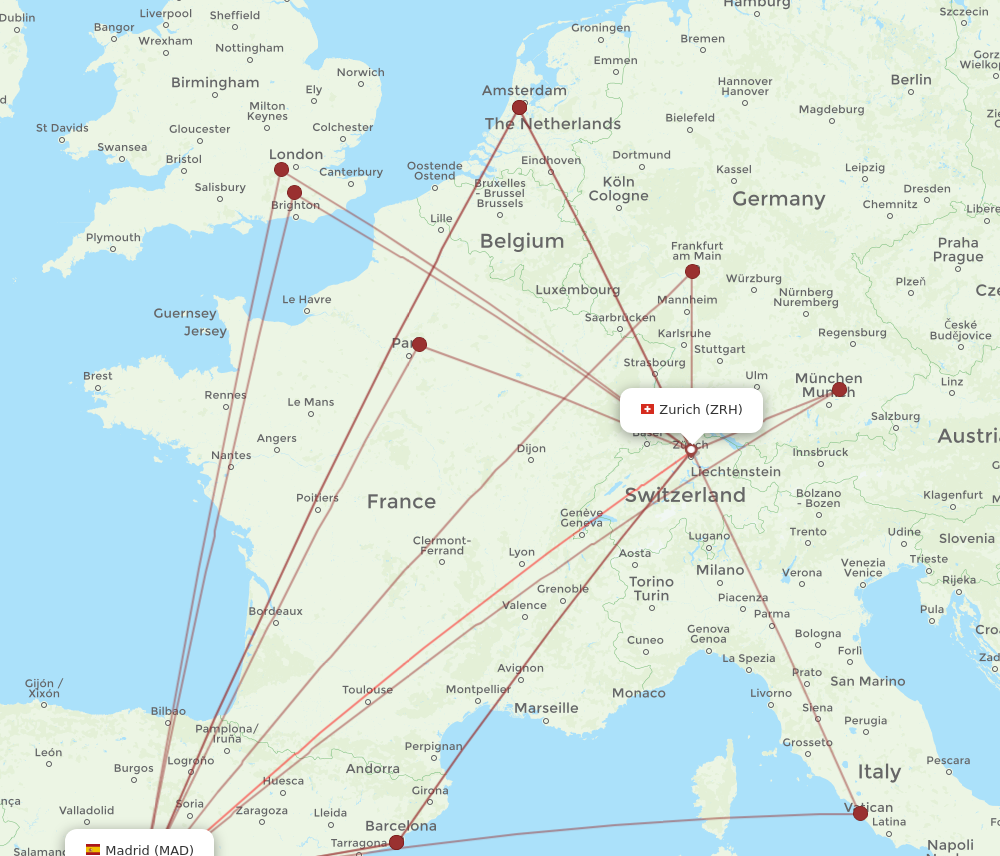 MAD to ZRH flights and routes map