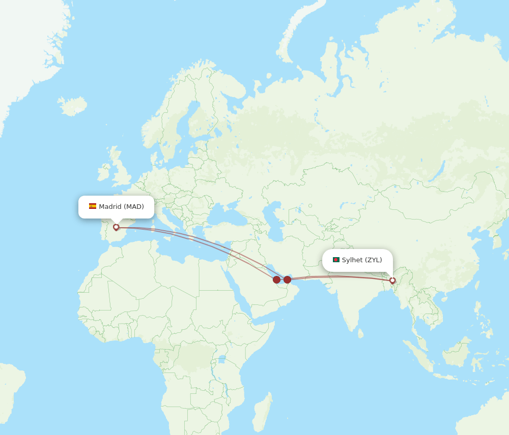 Sylhet - Madrid route map and flight paths