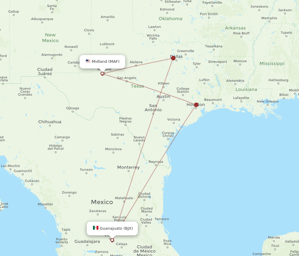 MAF-BJX flight routes