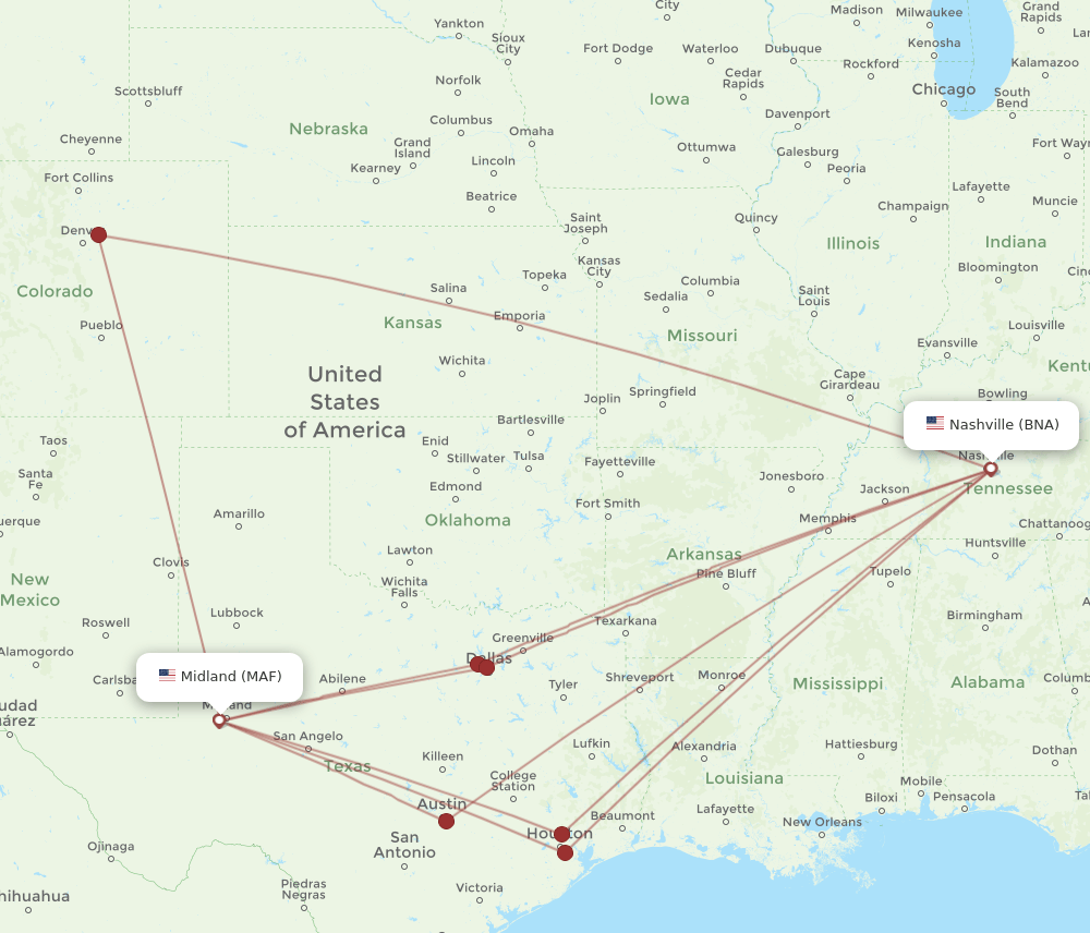 MAF to BNA flights and routes map