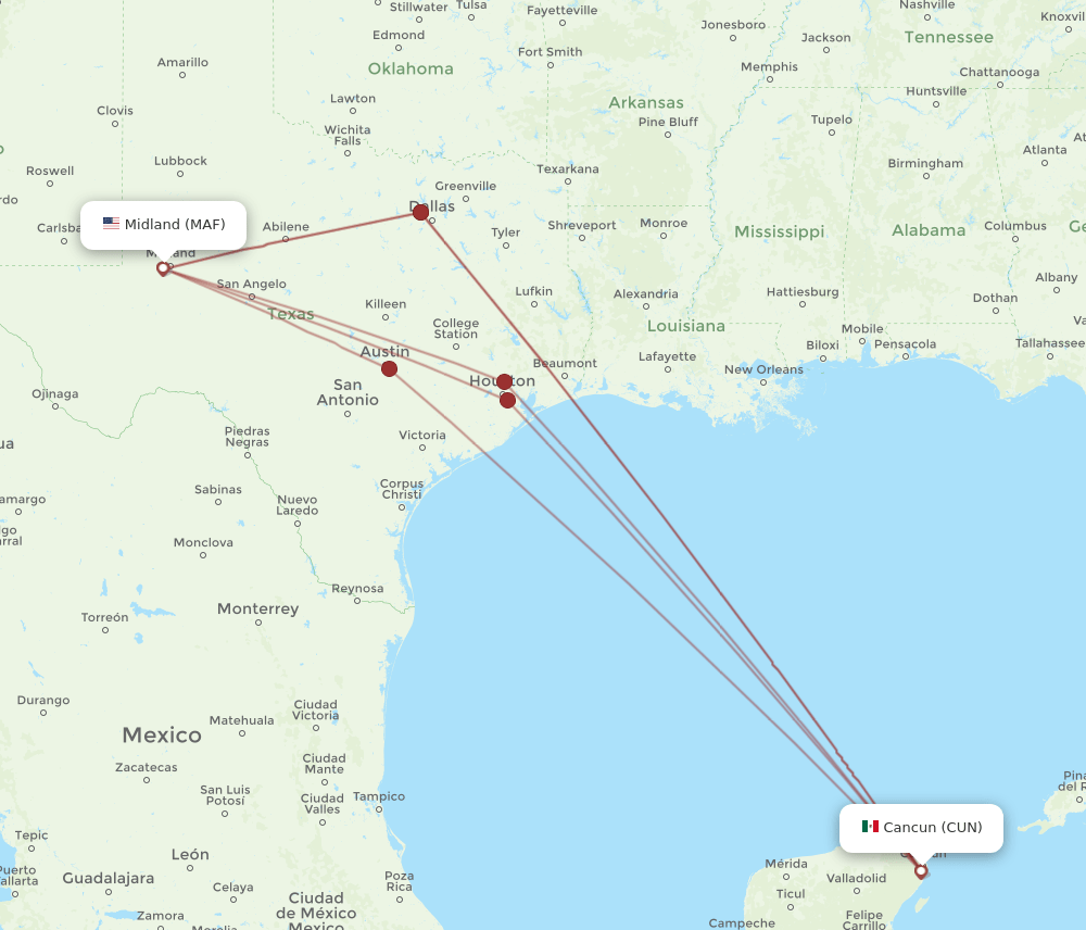 MAF to CUN flights and routes map