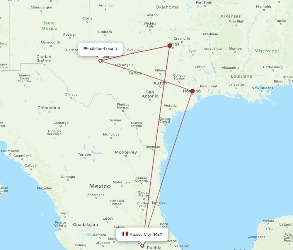 MAF to MEX flights and routes map