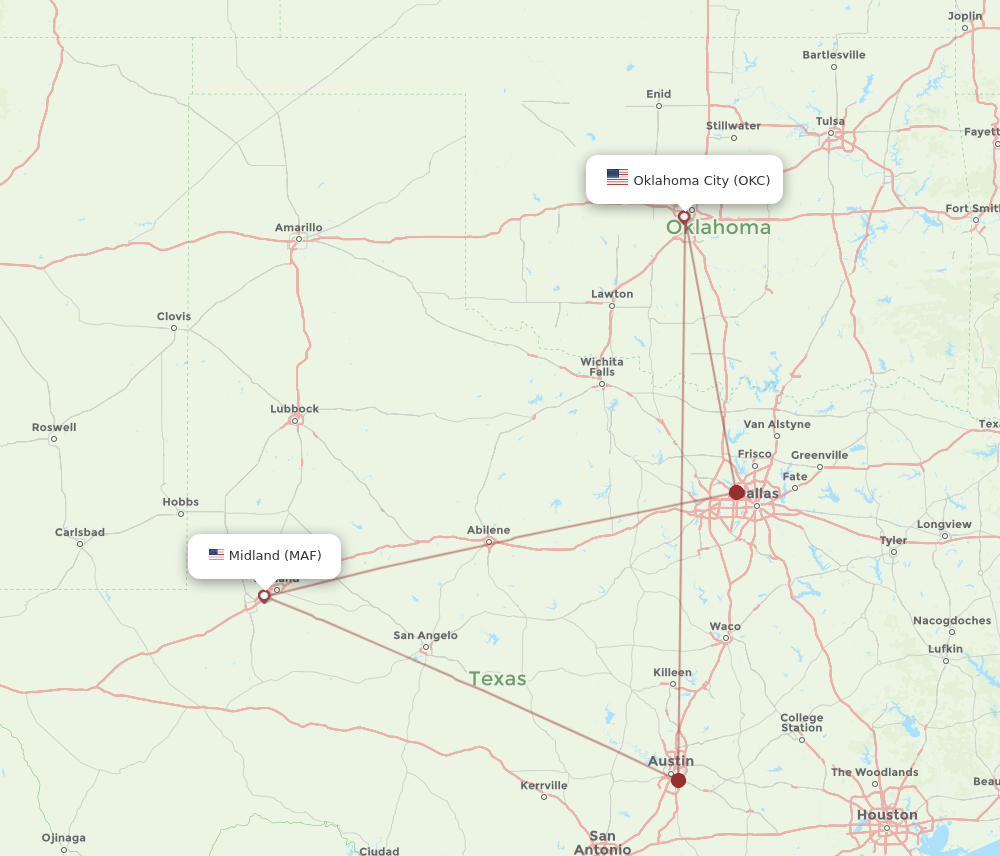 MAF to OKC flights and routes map