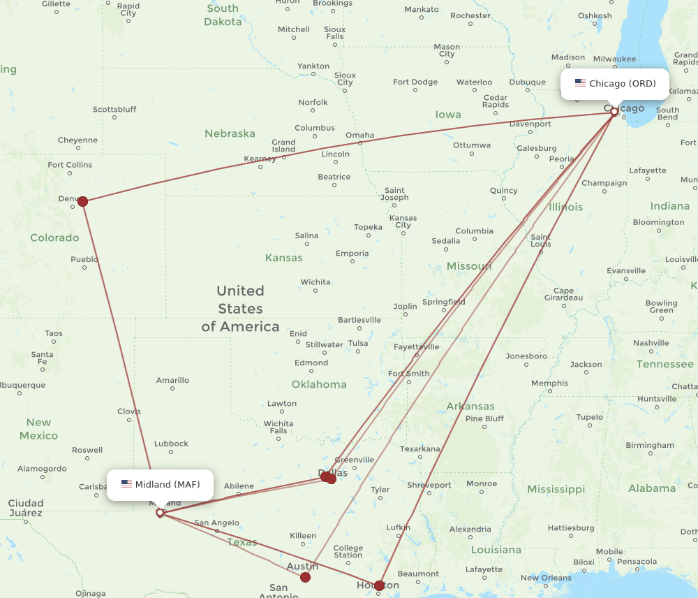 MAF-ORD flight routes