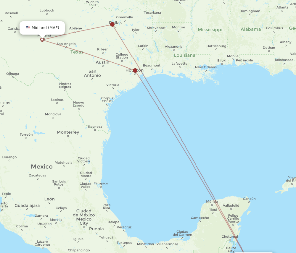 MAF to RTB flights and routes map