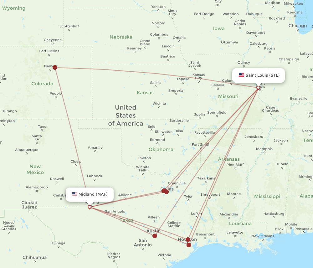 MAF to STL flights and routes map
