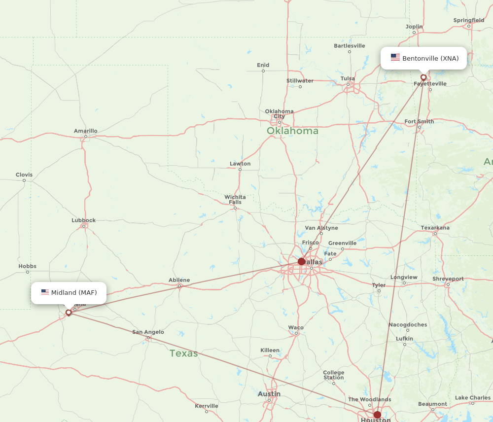 MAF to XNA flights and routes map