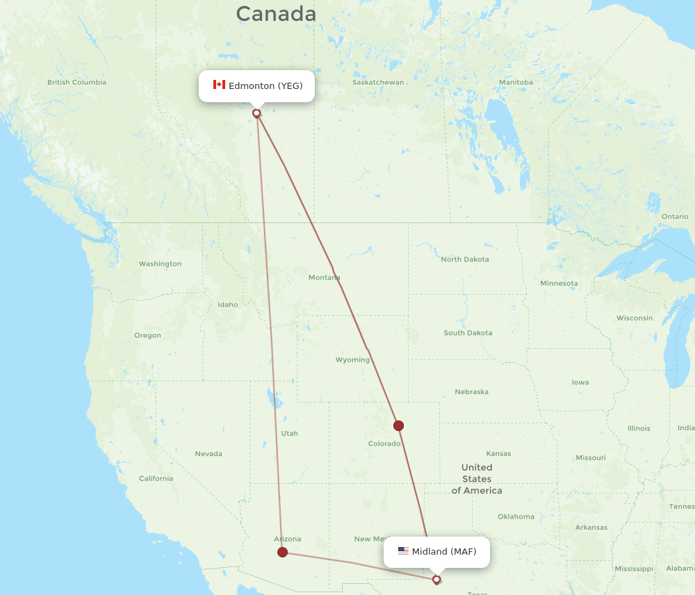 MAF to YEG flights and routes map