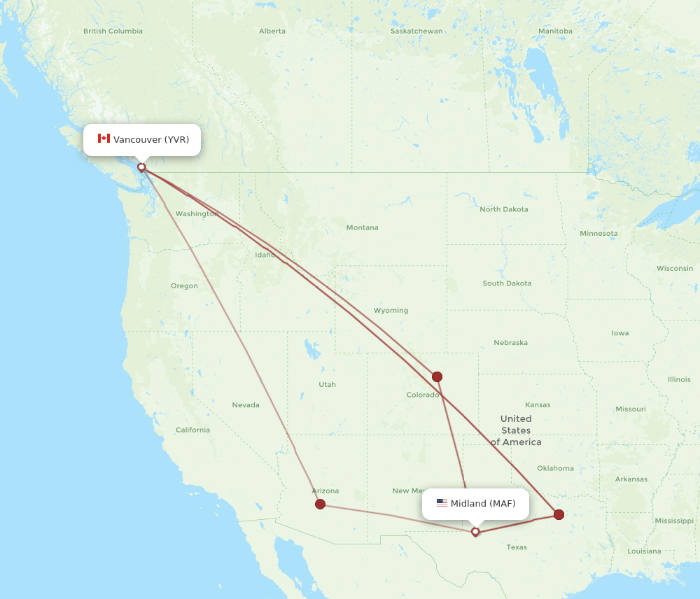 MAF-YVR flight routes