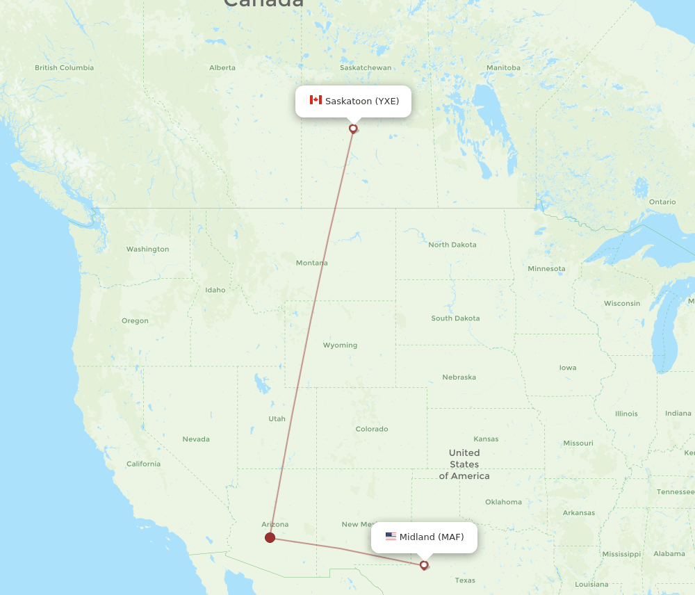 Saskatoon - Midland route map and flight paths