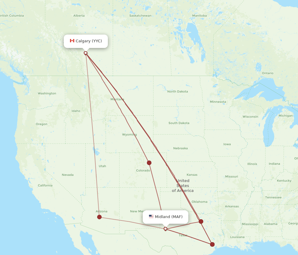 MAF to YYC flights and routes map