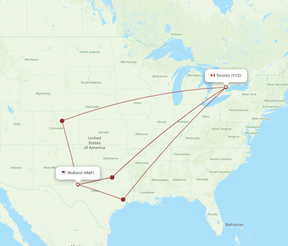 YYZ to MAF flights and routes map