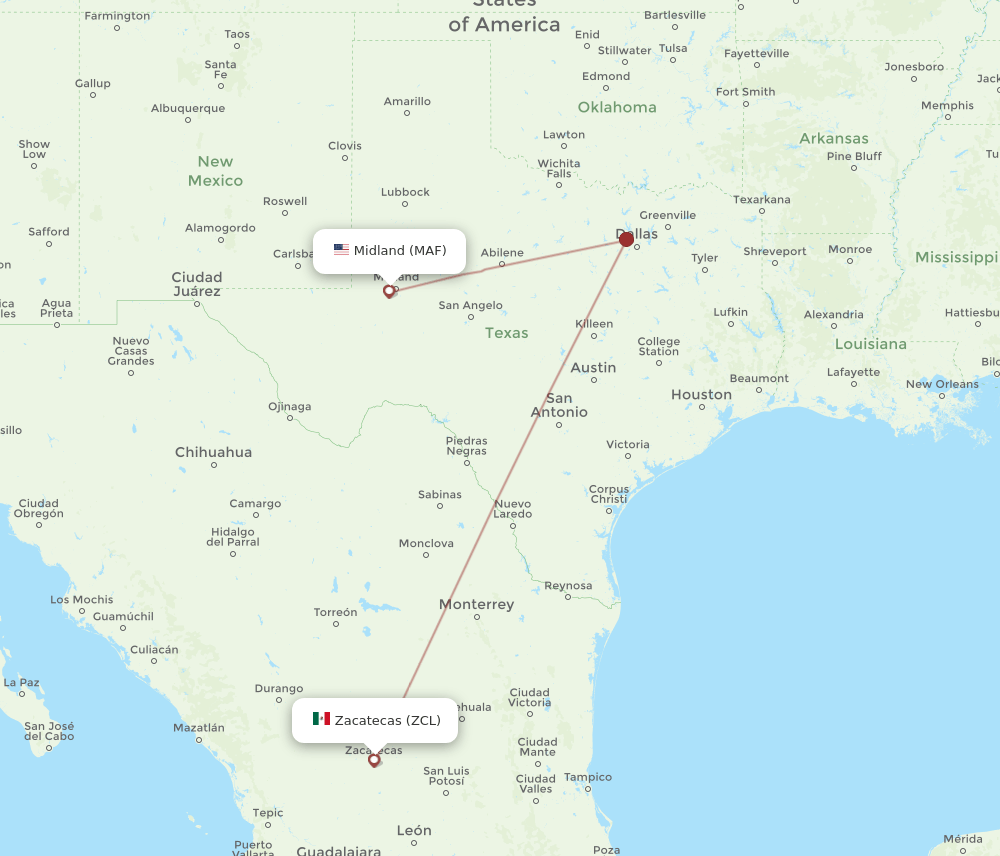Zacatecas - Midland route map and flight paths