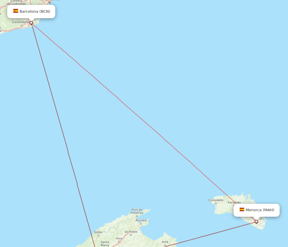 MAH to BCN flights and routes map