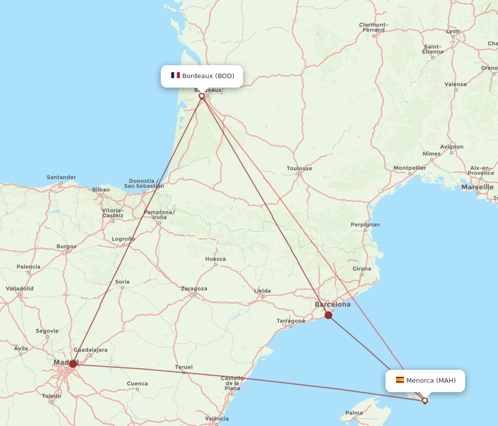 MAH to BOD flights and routes map