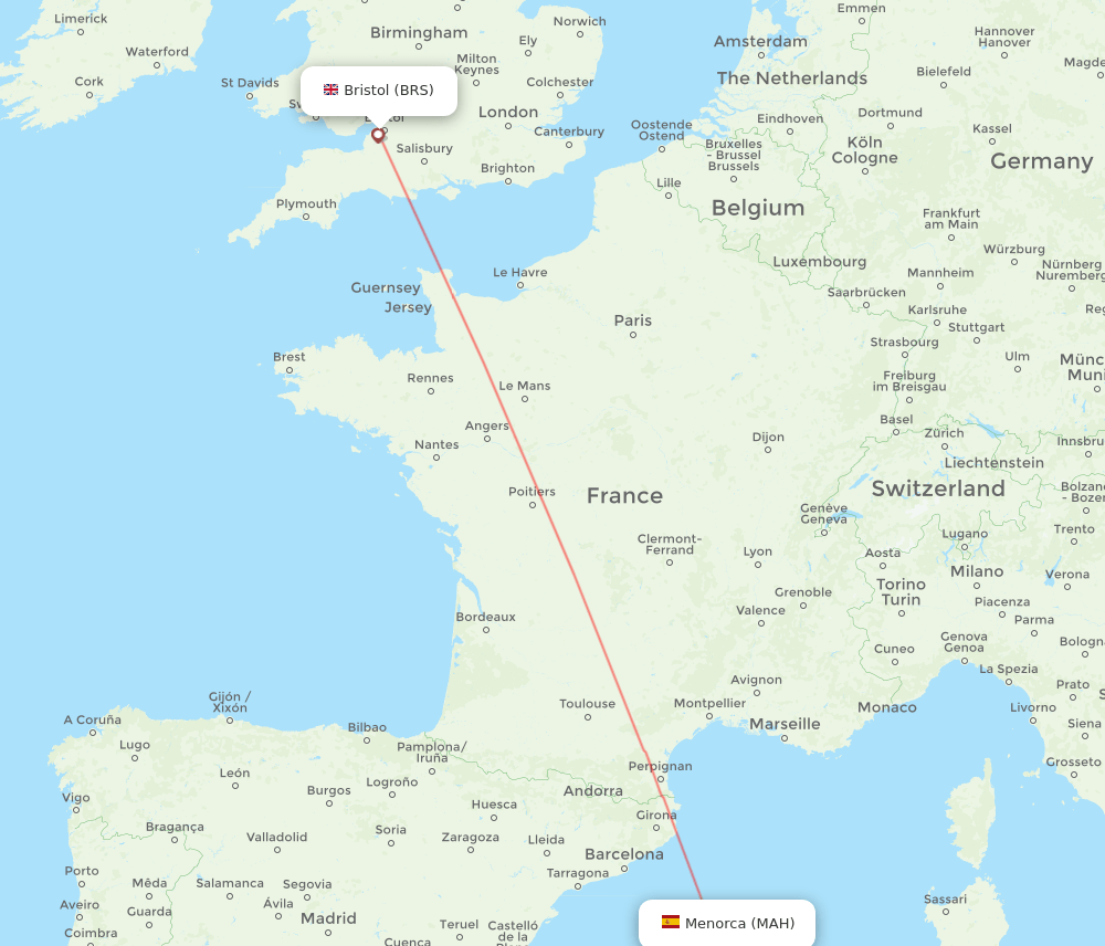 Menorca - Bristol route map and flight paths
