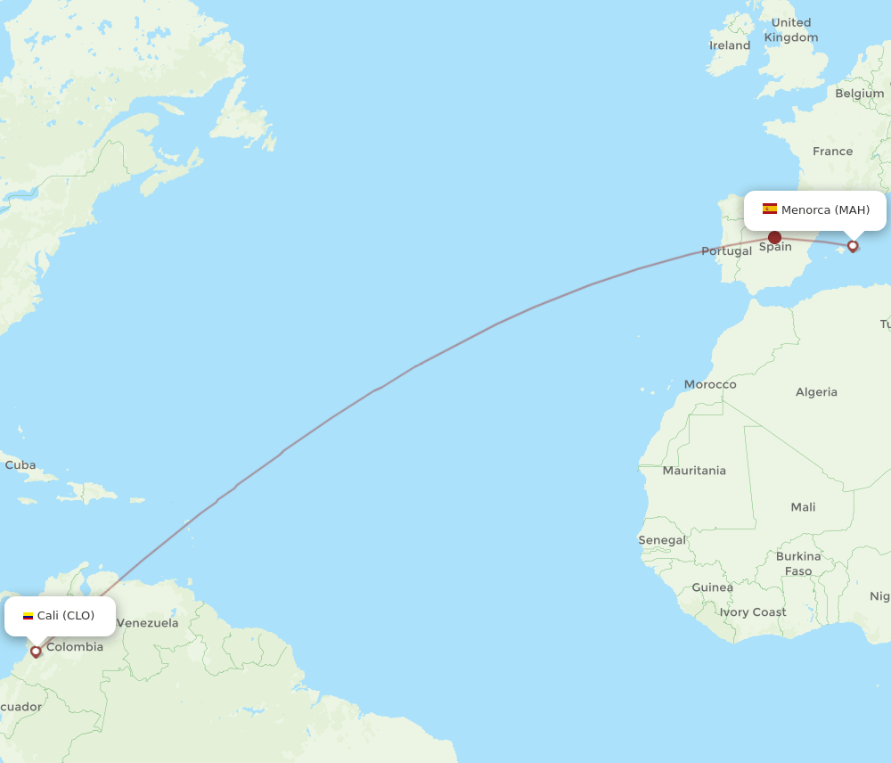 Cali - Menorca route map and flight paths