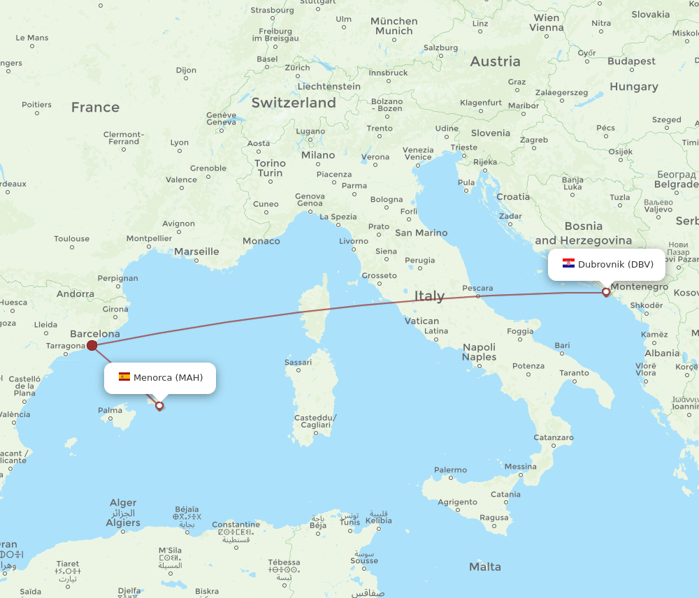 MAH-DBV flight routes