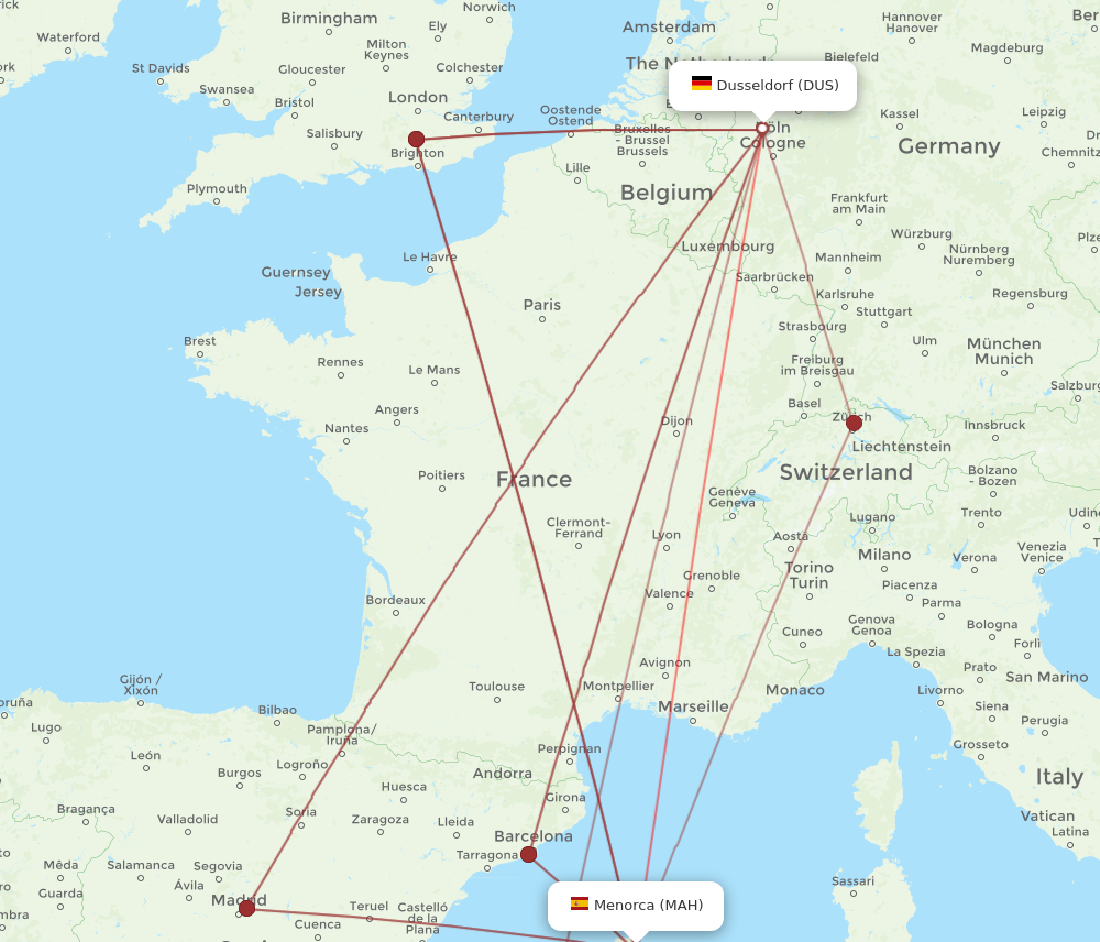 MAH to DUS flights and routes map