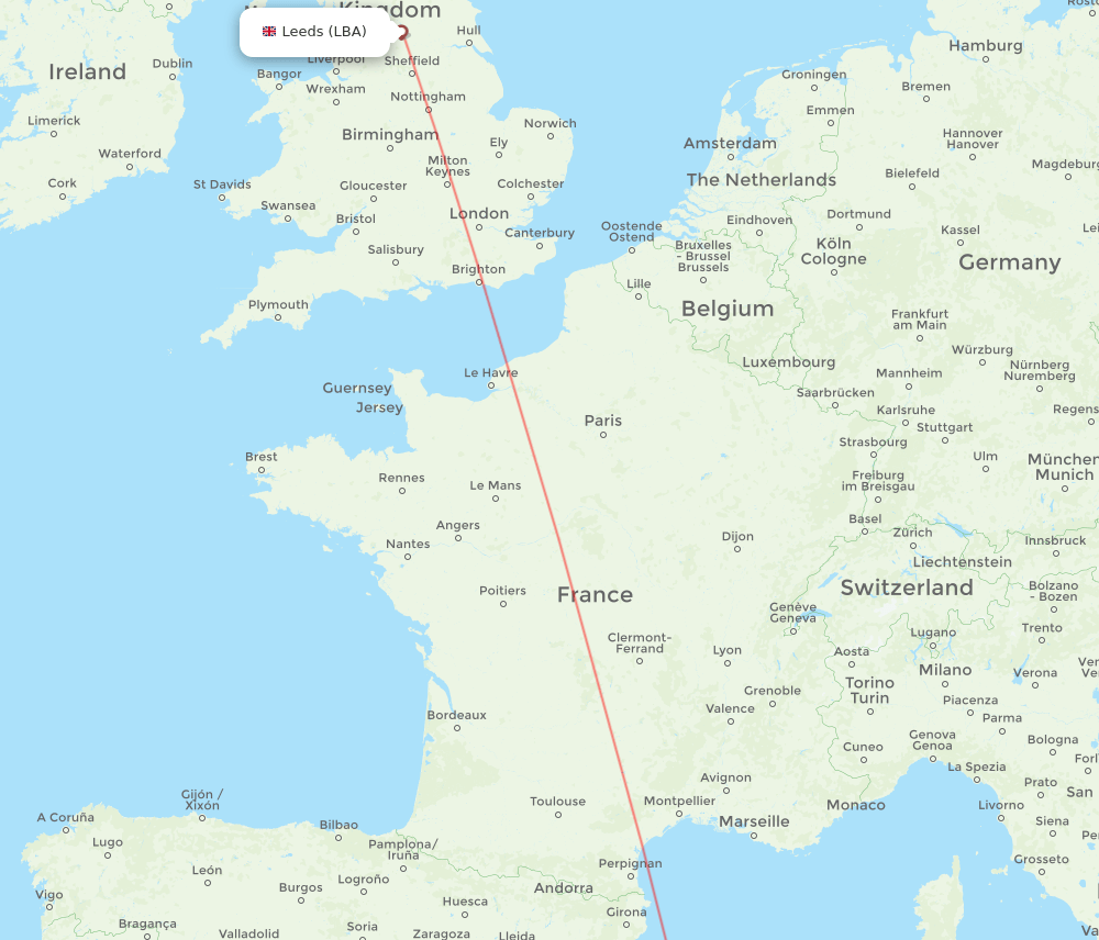 Menorca - Leeds route map and flight paths