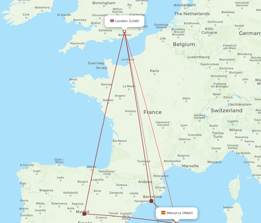 MAH to LGW flights and routes map