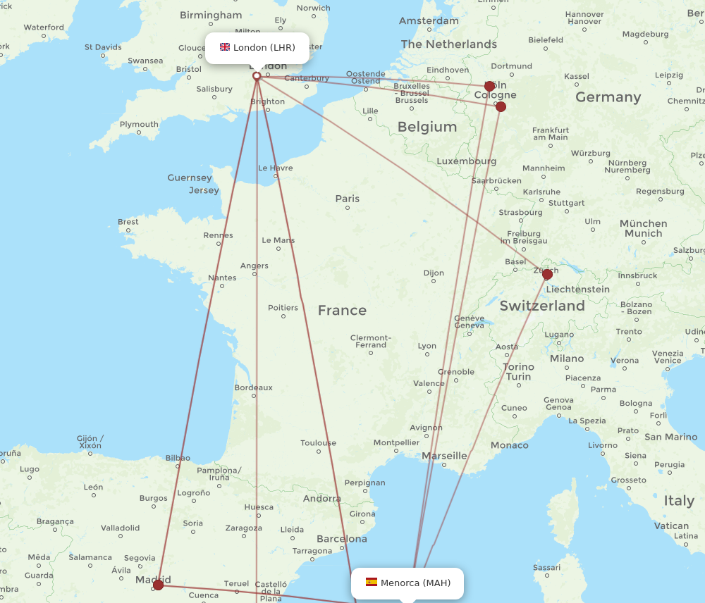 MAH to LHR flights and routes map