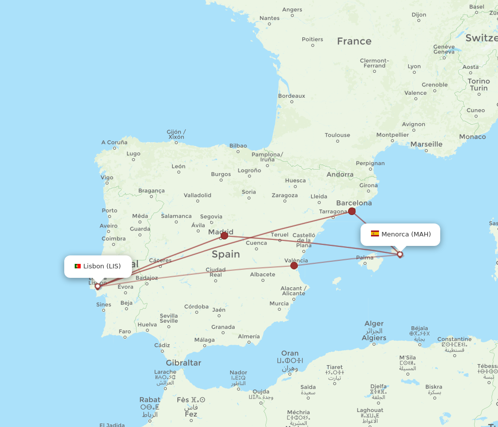 MAH to LIS flights and routes map
