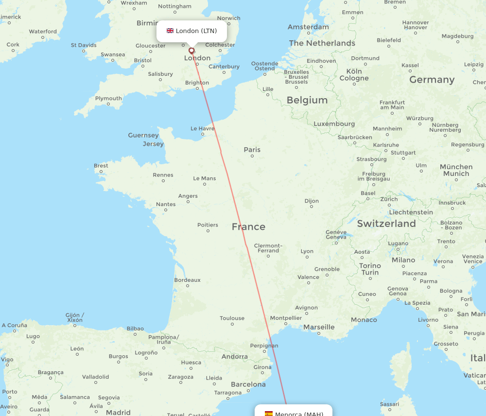 MAH to LTN flights and routes map