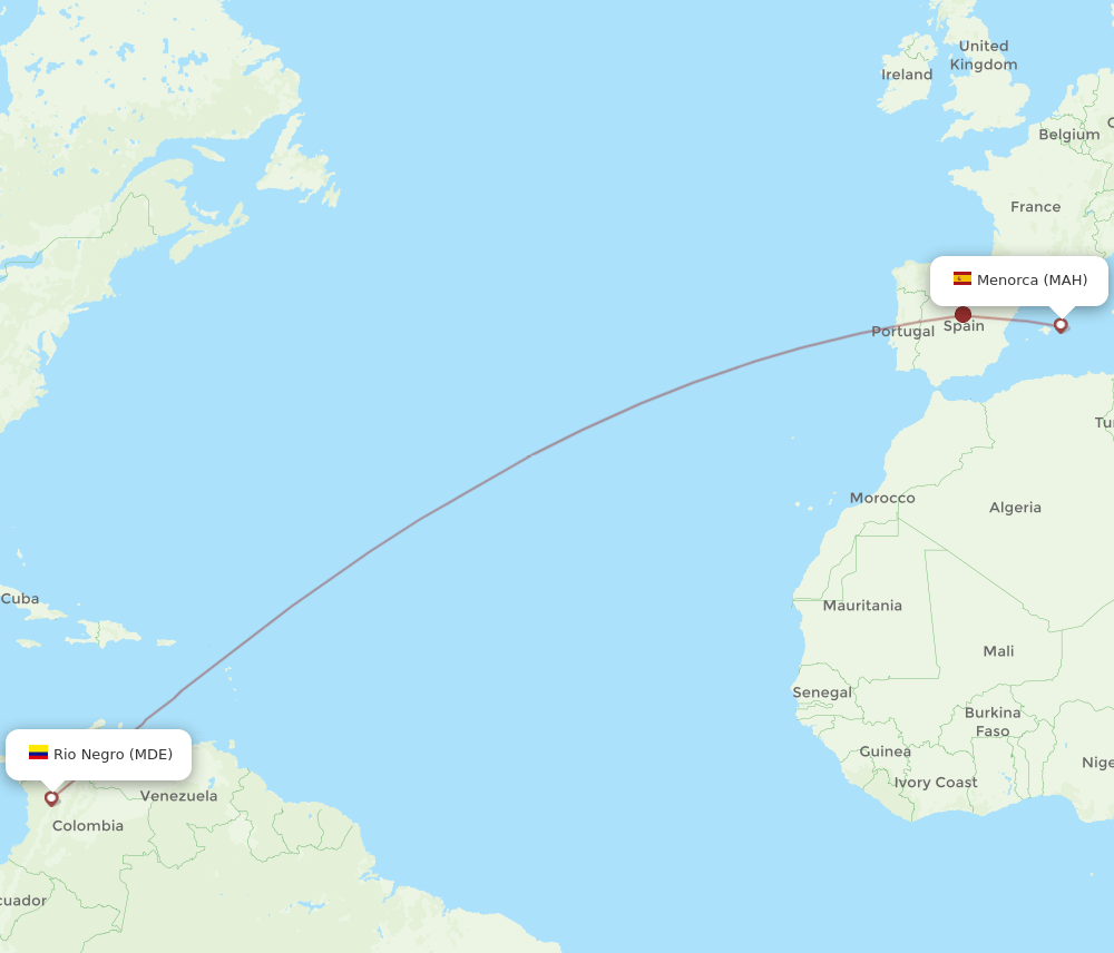 Medellin - Menorca route map and flight paths