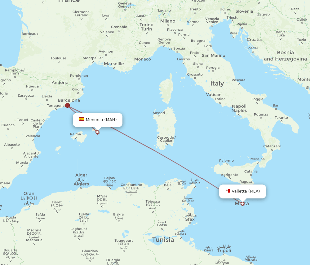 MAH to MLA flights and routes map