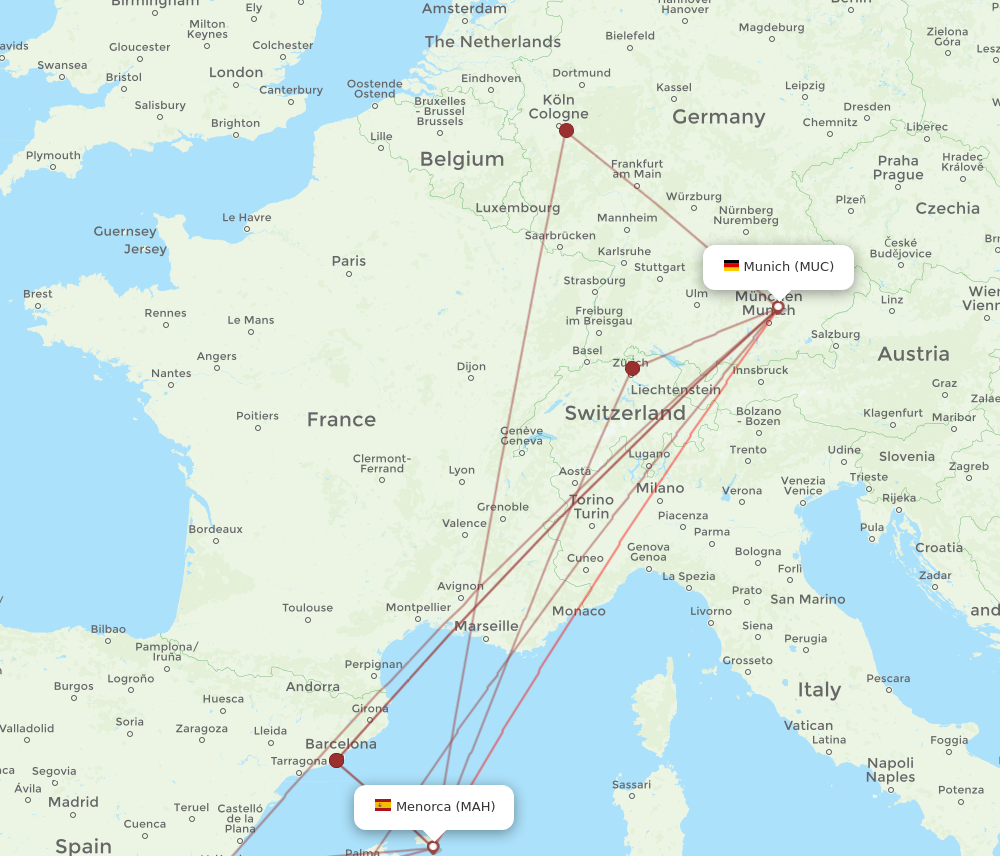 MAH to MUC flights and routes map