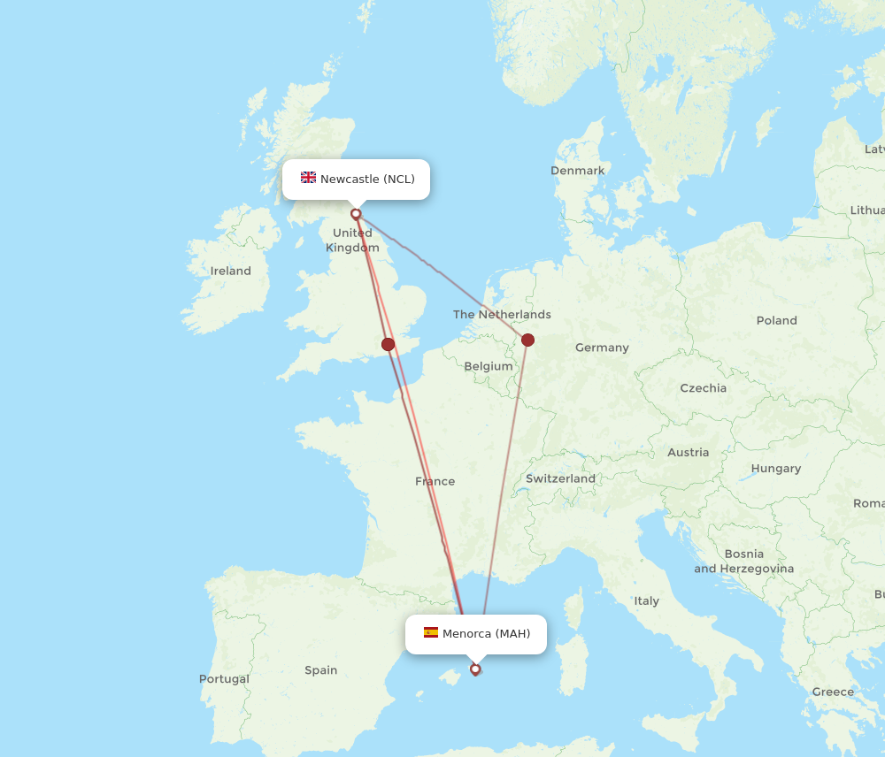 MAH to NCL flights and routes map