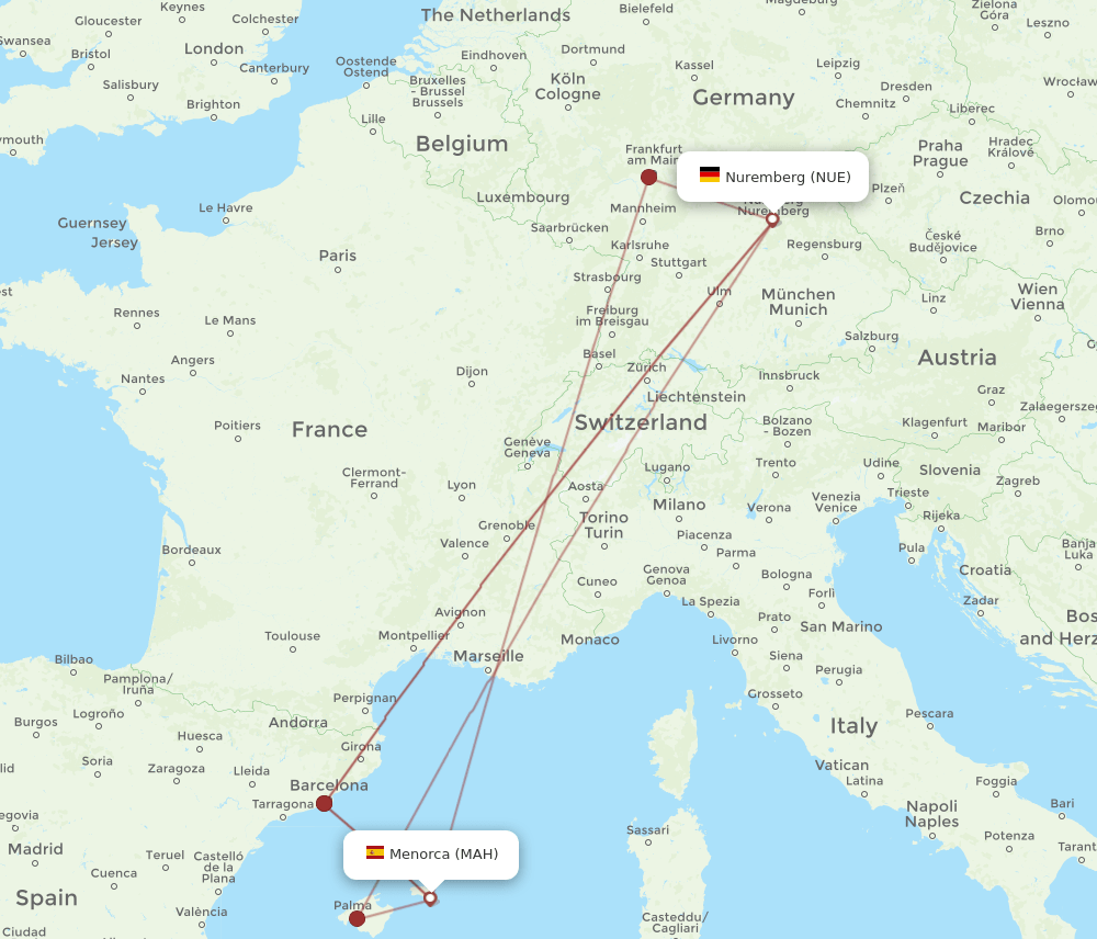 MAH to NUE flights and routes map