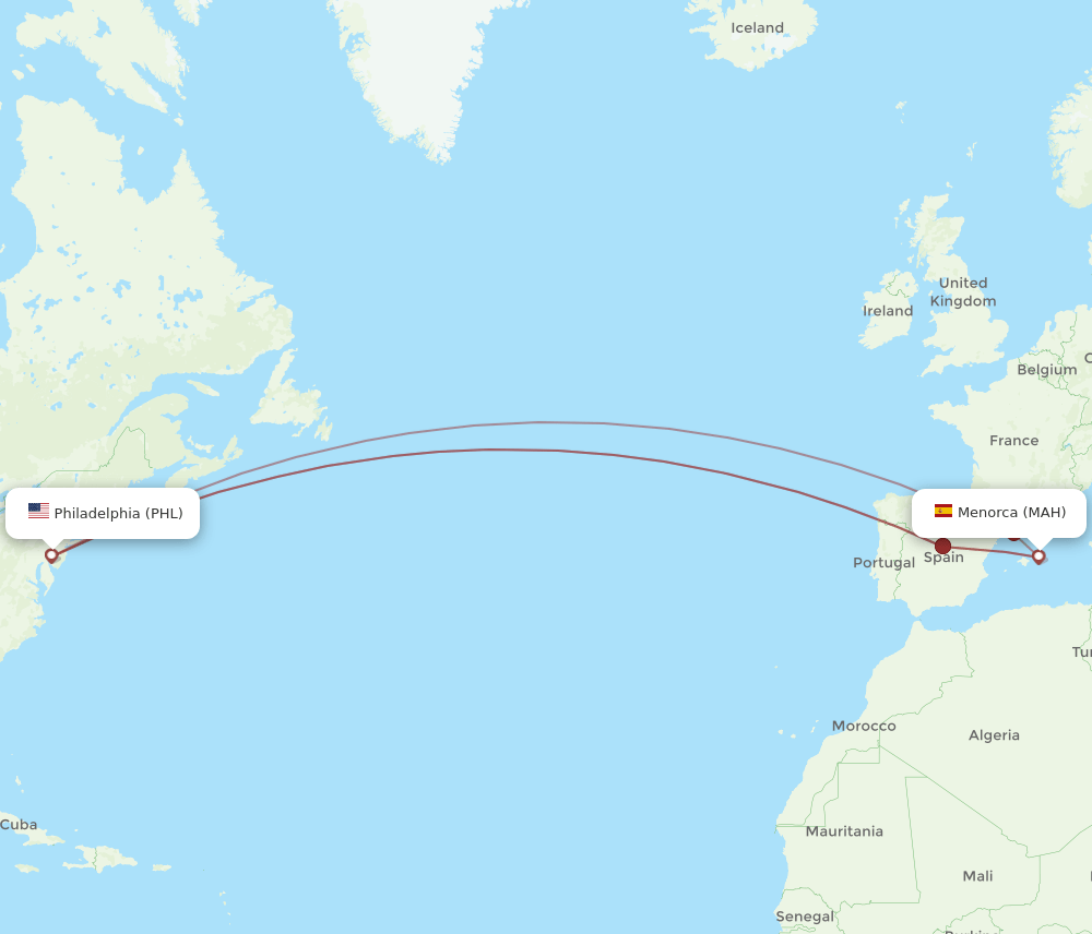 MAH-PHL flight routes