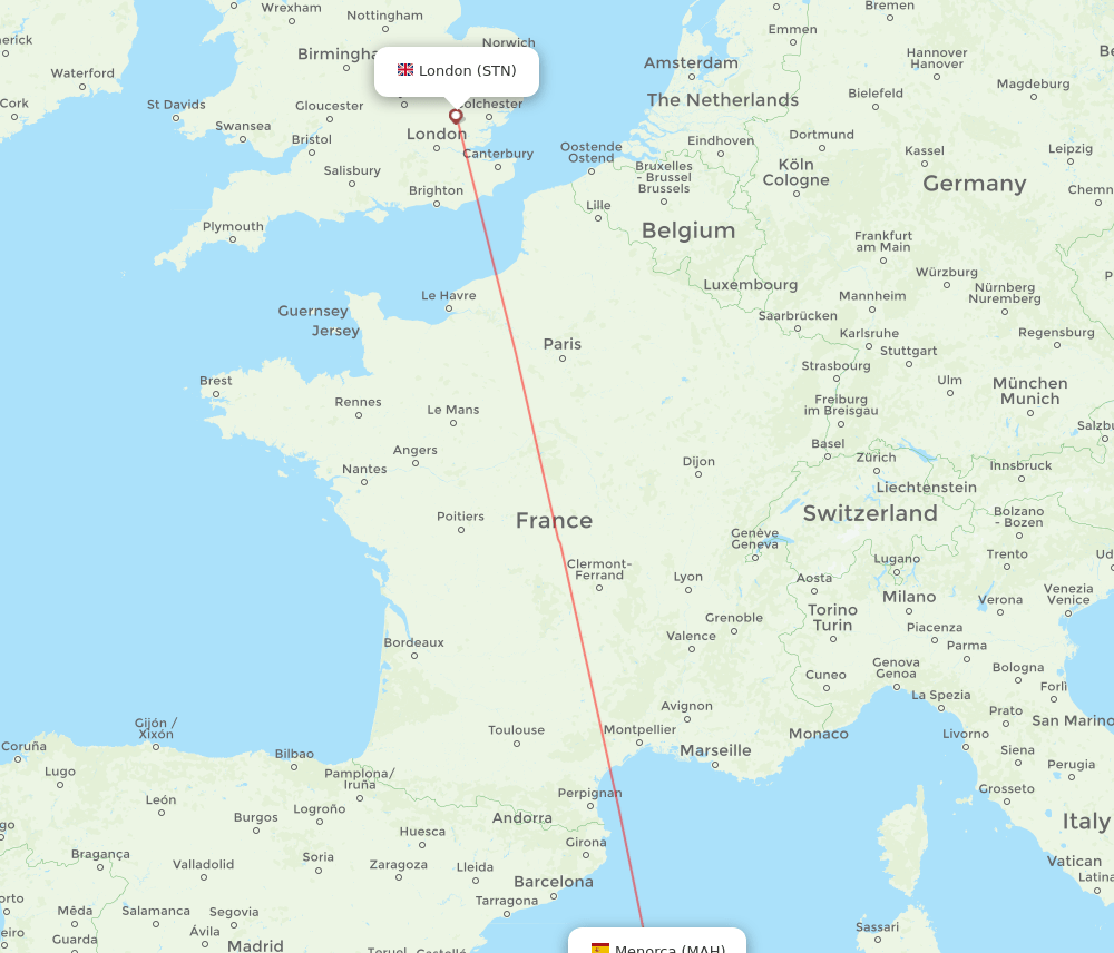 Menorca - London route map and flight paths