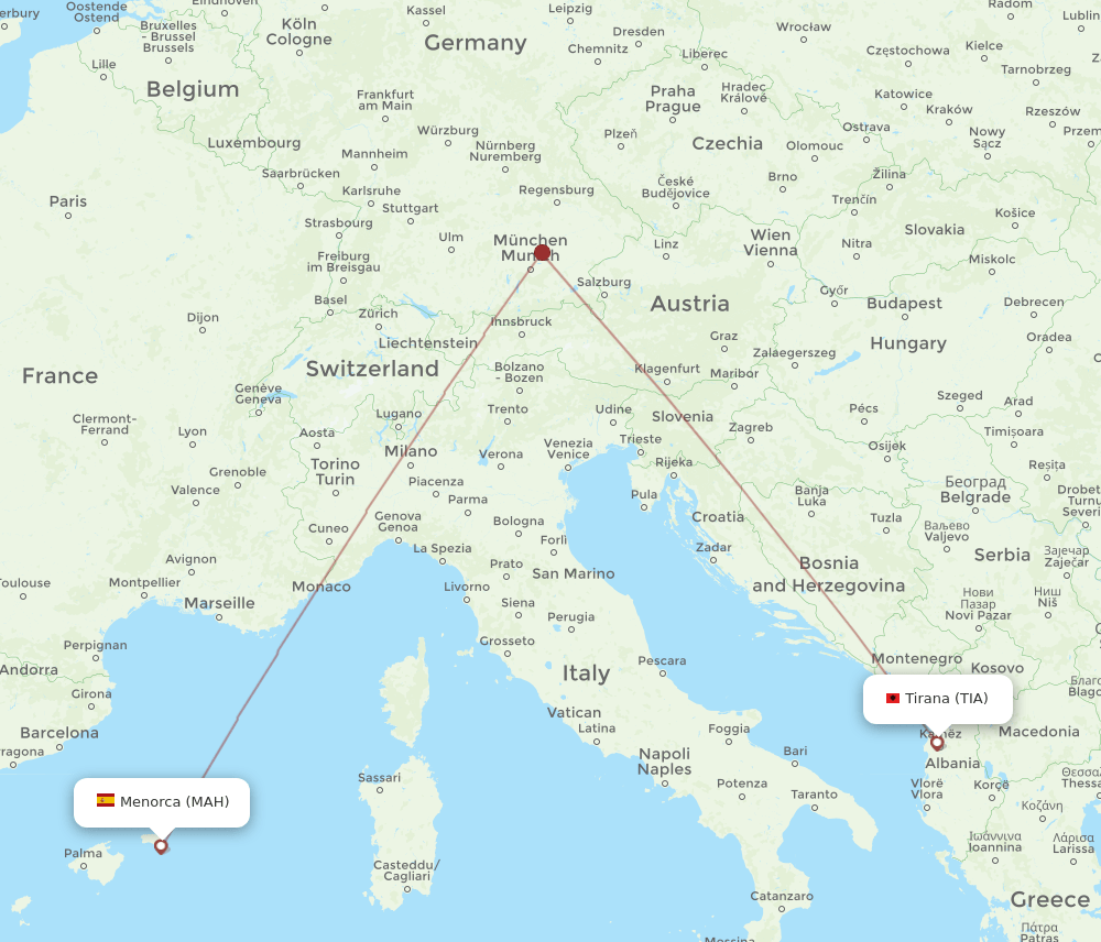 Tirana - Menorca route map and flight paths