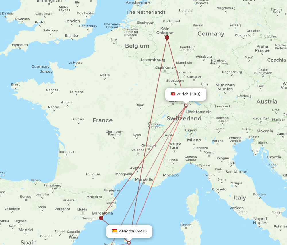 MAH-ZRH flight routes