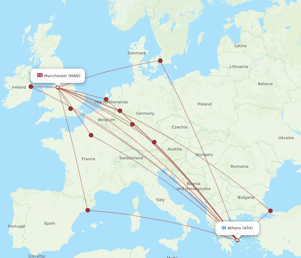 MAN to ATH flights and routes map