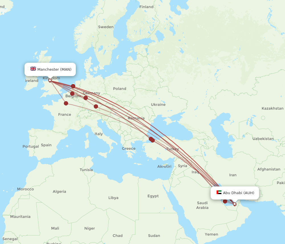 MAN to AUH flights and routes map