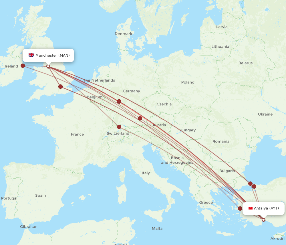 MAN to AYT flights and routes map