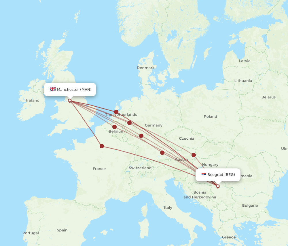 MAN-BEG flight routes