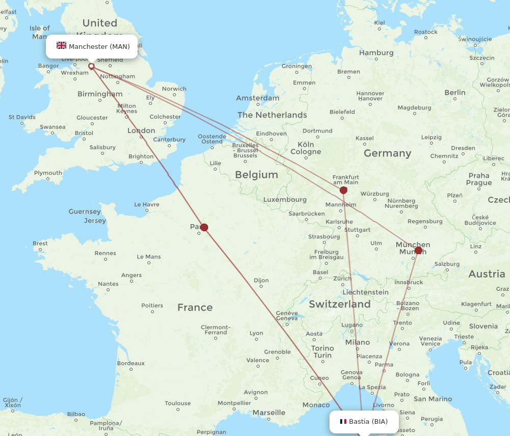 MAN to BIA flights and routes map