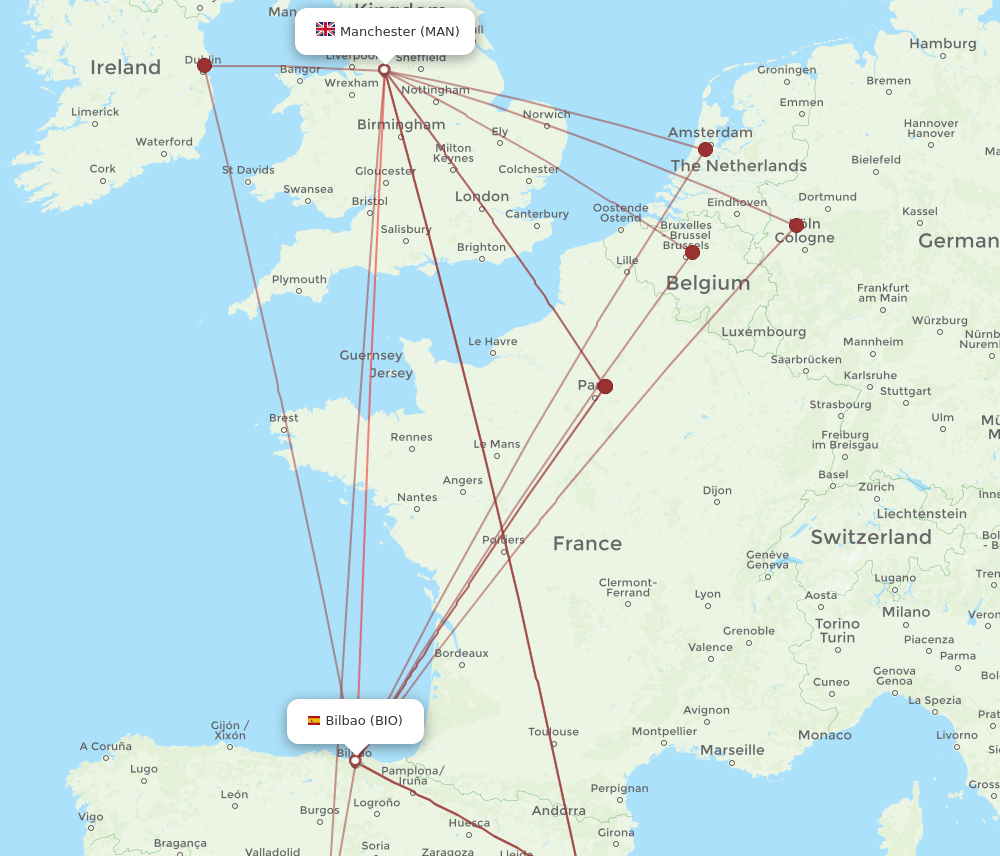 MAN to BIO flights and routes map