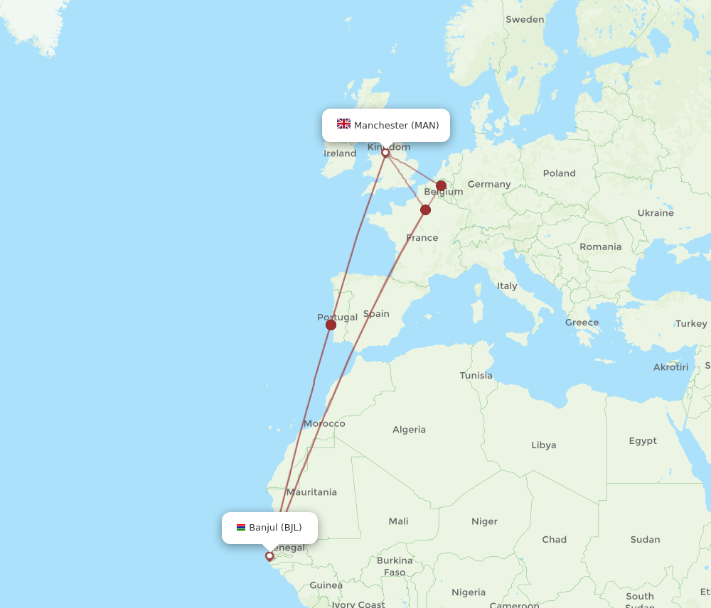 MAN to BJL flights and routes map