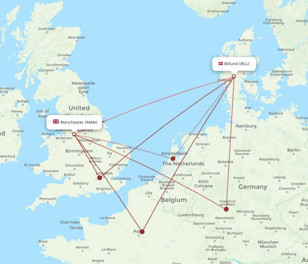 MAN to BLL flights and routes map