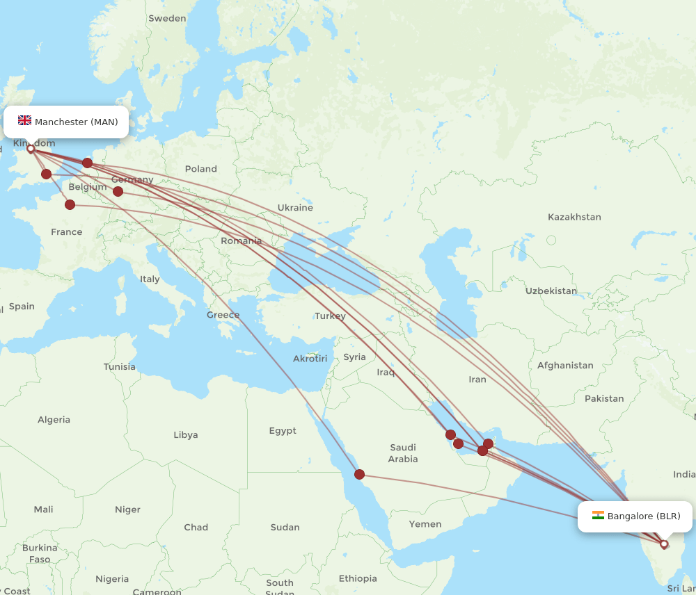 MAN-BLR flight routes
