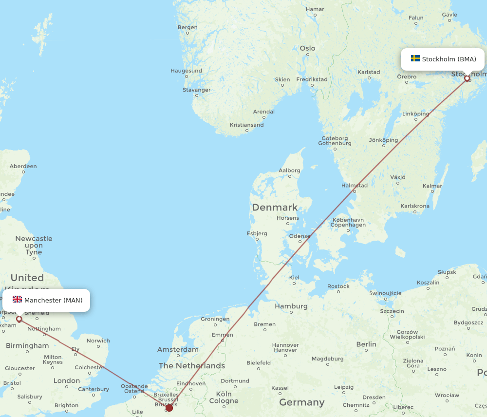 Manchester - Stockholm route map and flight paths