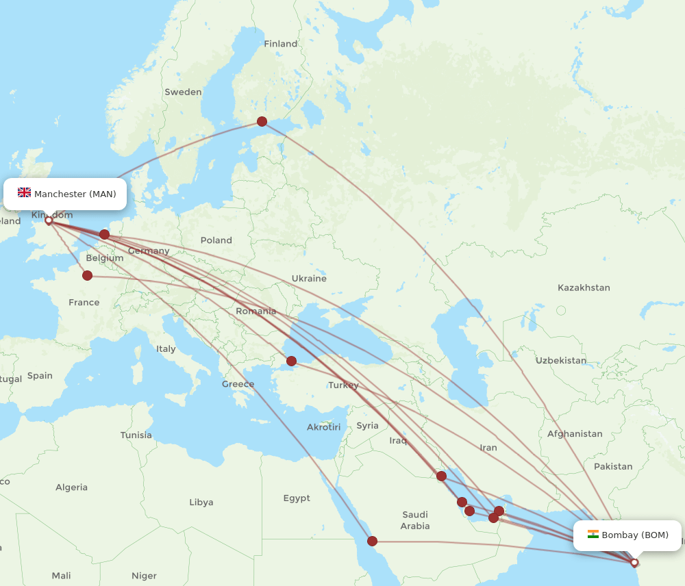 MAN to BOM flights and routes map